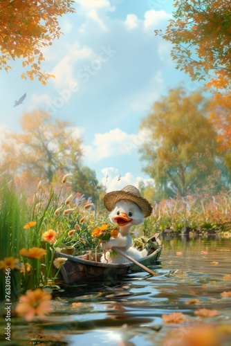 3D cartoon: A white duck wearing a straw hat and carrying a pink side bag, rowing a boat in the pond