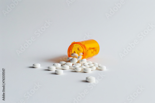 A close-up of white tablets spilled from a prescription bottle conveying health care and medication themes photo