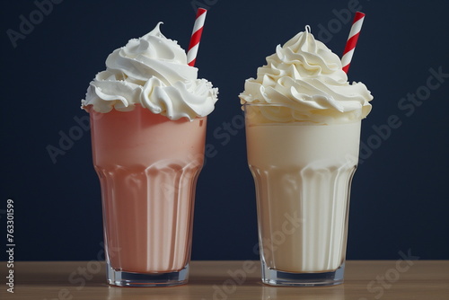 Milkshake pnik and white cocktails with whipped cream topping, straw, dark background photo