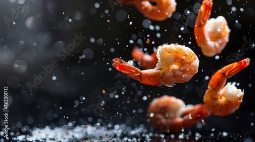 Pink Shrimp Pieces Floating in Air with Black Background