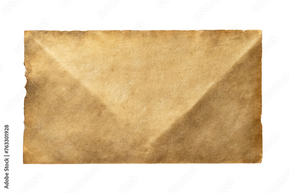An old brown color medieval paper sheet, front view on the white isolated background. texture of brown vintage photos. backdrop, mockup, template, copy space.