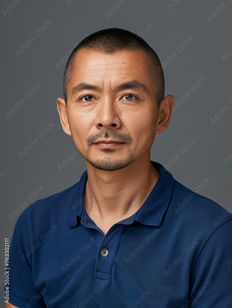 Obraz premium A headshot of a middle-aged Asian man in a blue polo shirt, with a calm and serious facial expression against a grey background
