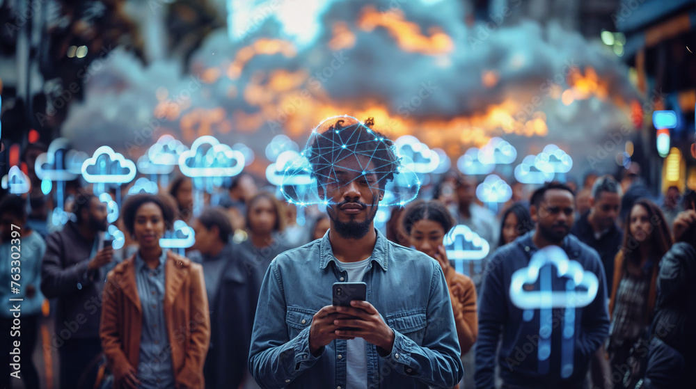 a dark-skinned young man in a crowd with a cell phone, glowing, abstract clouds above their heads symbolize cloud computing and internet connection - obrazy, fototapety, plakaty 