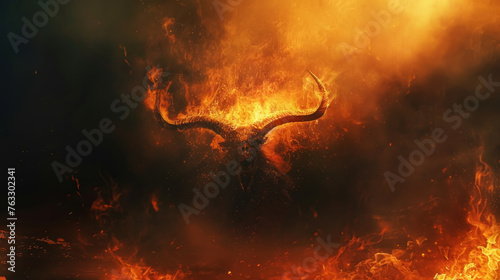 Fiery Demon Rising, A horned figure emerging from flames, symbolizing chaos and destruction, set against a dark, brooding fantasy landscape photo