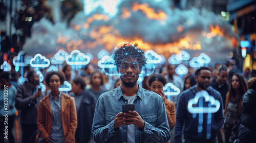 a dark-skinned young man in a crowd with a cell phone, glowing, abstract clouds above their heads symbolize cloud computing and internet connection photo