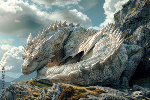 Dragon's Perch, A massive dragon curled around a craggy mountaintop, guardianship and ancient wisdom etched in its eyes