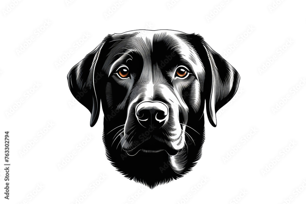 Black silhouette of a Labrador dog's head, centered, high-quality stock illustration, isolated on white background, ultra-clear, ultra-realistic