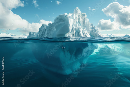 Iceberg in clear blue water and hidden danger underwater. Floating ice in ocean. Generative AI © barmaleeva