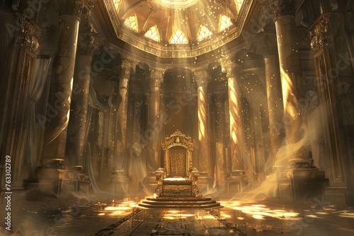 A golden room with a large throne in the center
