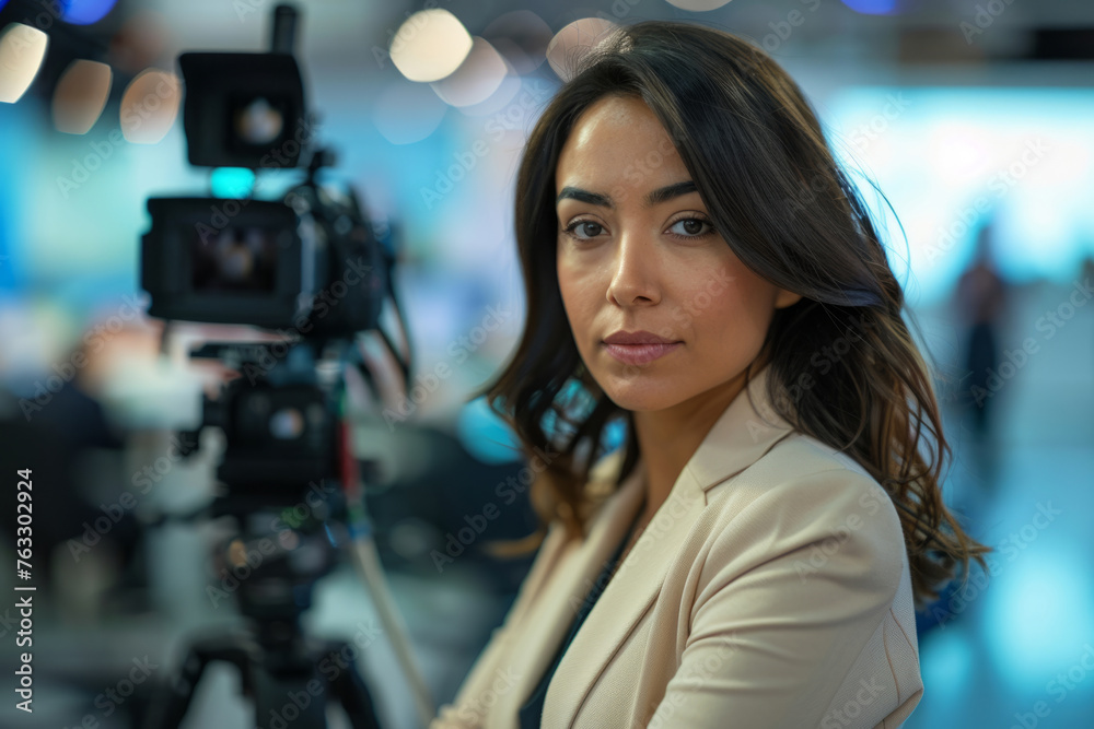 Professional news female reporter looking at the camera. Generative AI Professional news female reporter looking at the camera. Generative AI