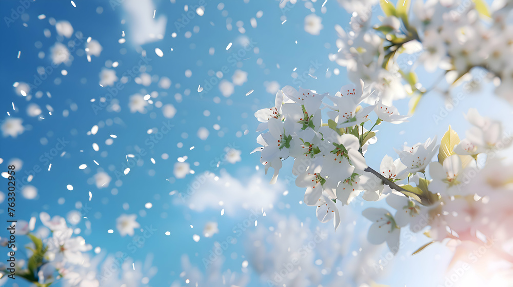 A close-up of delicate white cherry blossoms against a clear blue sky, with soft petals gently falling