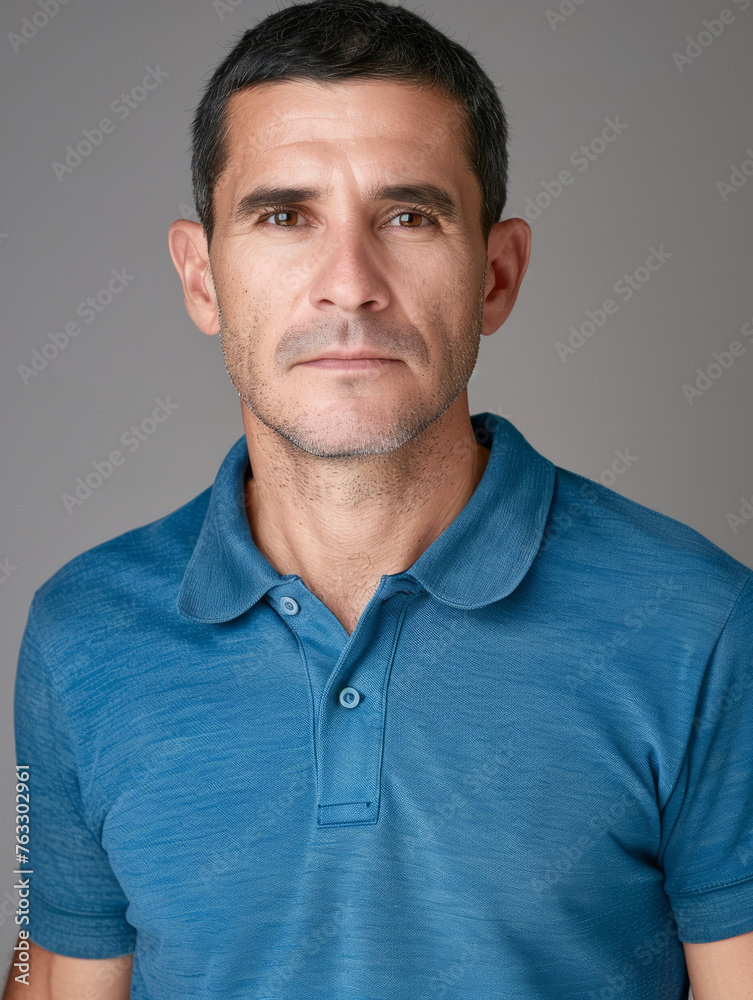 Fototapeta premium Portrait of a middle-aged man with a neutral expression wearing a blue polo shirt on a grey backdrop
