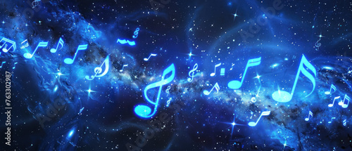 A blue background with many musical notes scattered throughout