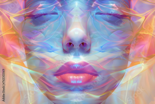 A woman's face is shown in a colorful, abstract style
