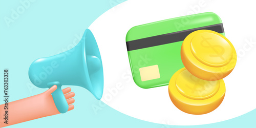 Receipt of wages, advertising of loans, notification of received funds. Loudspeaker in hand, megaphone, conceptual advertising banner, 3D vector illustration.