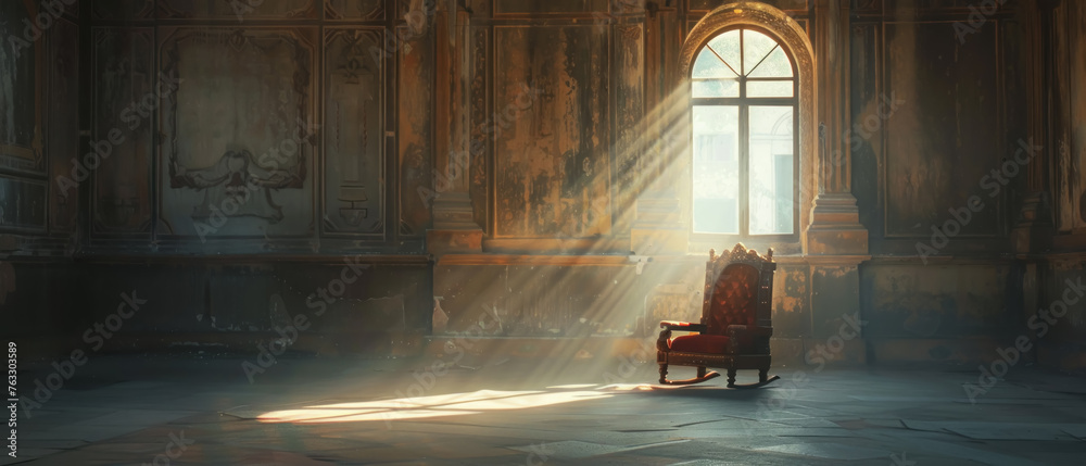 Coronation of Silence, A solitary throne bathed in rays of divine light, standing amidst the solitude of an abandoned palace - obrazy, fototapety, plakaty 