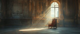 Coronation of Silence, A solitary throne bathed in rays of divine light, standing amidst the solitude of an abandoned palace