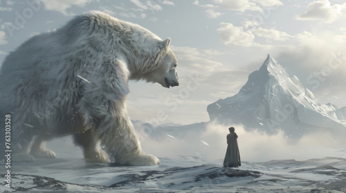A large polar bear is walking through a snowy landscape