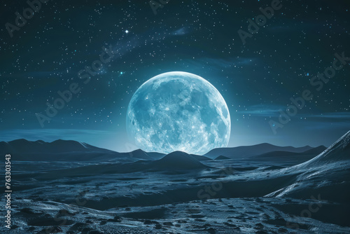 A large blue moon is in the sky above a vast, empty landscape