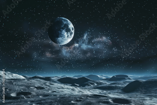 A large moon is in the sky above a vast, empty, snowy landscape