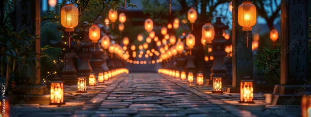 Festive Illumination, A temple pathway aglow with the soft light of myriad traditional lanterns, casting a warm radiance, a testament to the enduring glow of cultural celebrations.