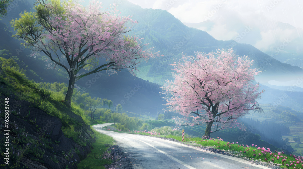 Sakura tree on the side of a mountain road