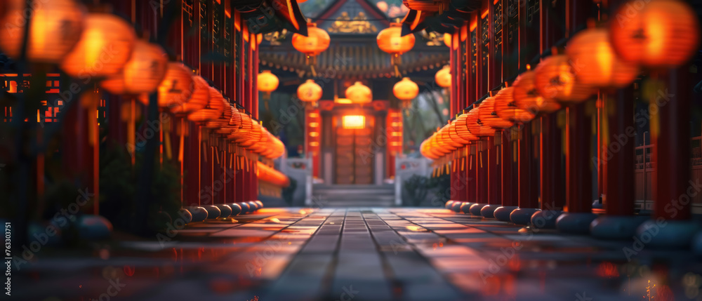 Festive Illumination, A temple pathway aglow with the soft light of myriad traditional lanterns, casting a warm radiance, a testament to the enduring glow of cultural celebrations. - obrazy, fototapety, plakaty 