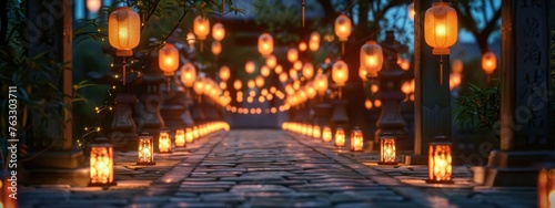 Festive Illumination  A temple pathway aglow with the soft light of myriad traditional lanterns  casting a warm radiance  a testament to the enduring glow of cultural celebrations.