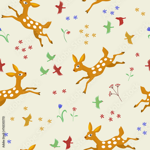 Flower, Baby Deer and Little birds seamless pattern. Color vector background.