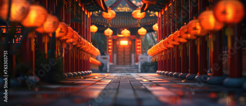 Festive Illumination, A temple pathway aglow with the soft light of myriad traditional lanterns, casting a warm radiance, a testament to the enduring glow of cultural celebrations. photo