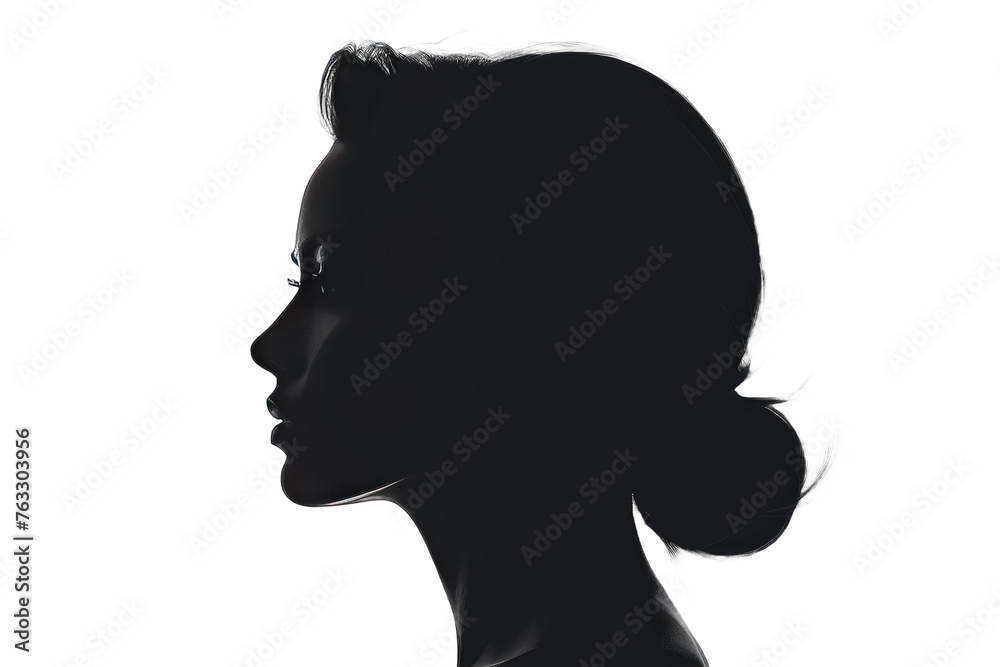 Black silhouette of a woman's head, central composition, stark contrast with the white background, isolated figure, stock illustration style, high quality, ultra clear, digital render