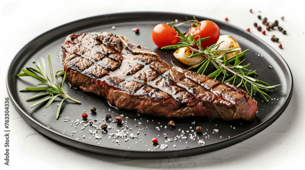 There is steak on a black plate, wooden table, white background