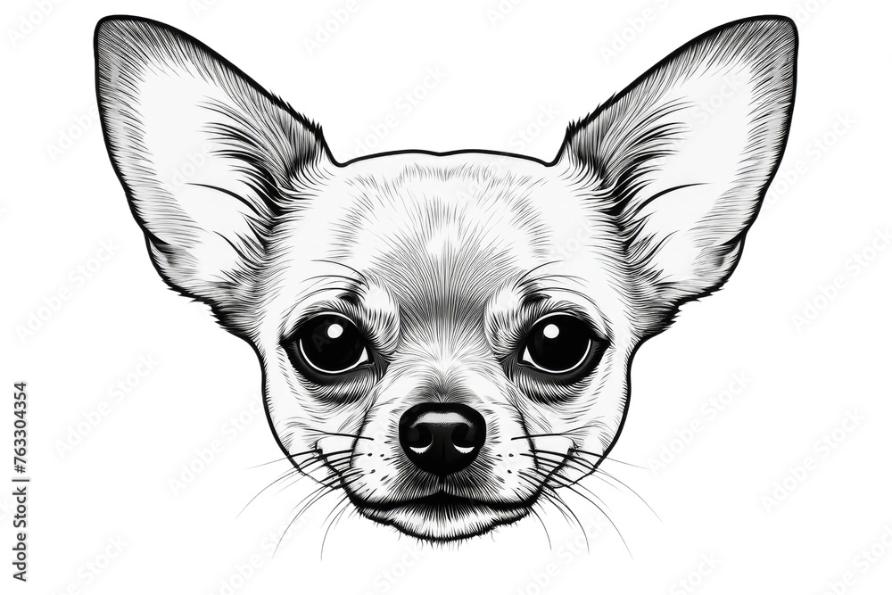 Skiagram illustration of a chihuahua dog head, centered, high-quality, black on white background, simplistic, silhouette style, minimalist, digital art, ultra clear, highly detailed