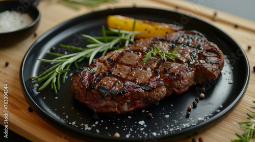 There is steak on a black plate, wooden table, white background
