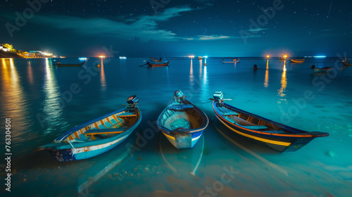 Tourists row boats in the ocean with lights rising from the water at night