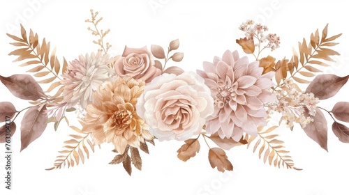 An invitation card with dusty pink and ivory beige flowers including pale hydrangea, fern, dahlia, ranunculus, and fall leaves. This postcard is isolated and editable.