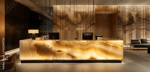 An elegant hotel lobby featuring a remarkable onyx stone reception desk that is lighted
