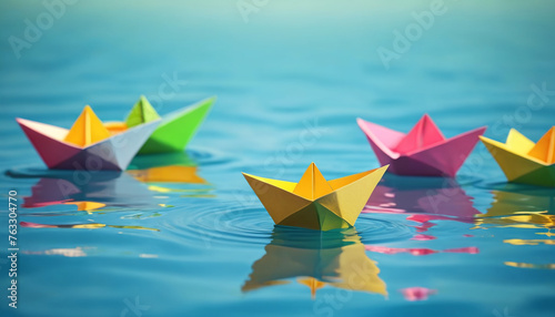 Origami boat on the water. Colorful. Generative AI.