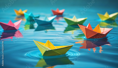 Origami boat on the water. Colorful. Generative AI.