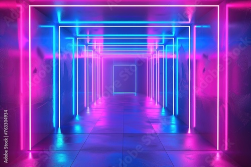 Abstract neon light geometric background. Glowing neon lines. by AI generated image