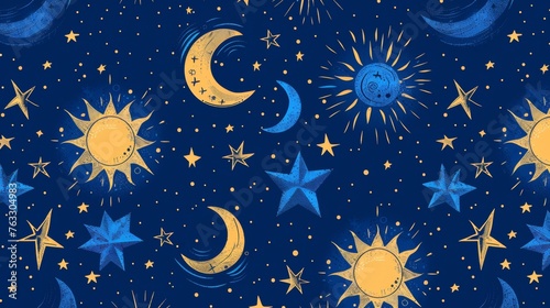 A seamless blue space pattern with the sun, crescent, and stars on a blue background. Mystical ornament of the night sky for wallpaper, fabric, astrology, and fortune telling.