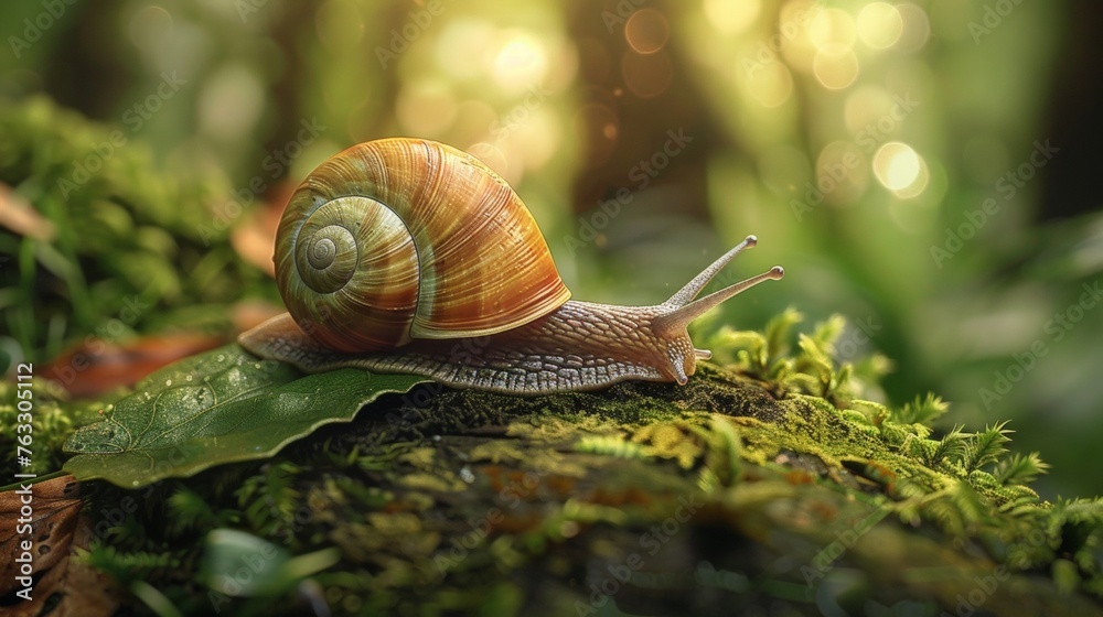 Vibrant Snail Crawling on Moss-Covered Leaf in Serene Forest Vibrant Snail Crawling on Moss-Covered Leaf in Serene Forest