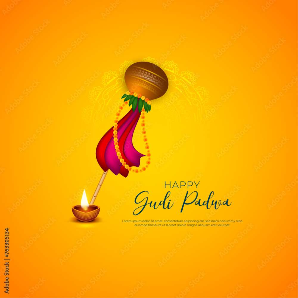 Obraz premium illustration with decorated background of Gudi Padwa celebration of India. Lunar New Year banner, poster, greeting card. vector illustration.