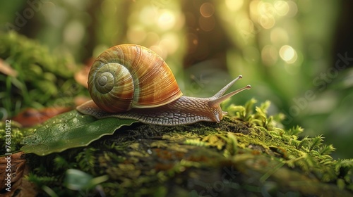 Vibrant Snail Crawling on Moss-Covered Leaf in Serene Forest