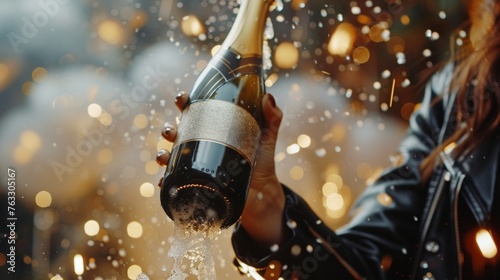 Woman Popping Champagne Bottle at Party Celebration