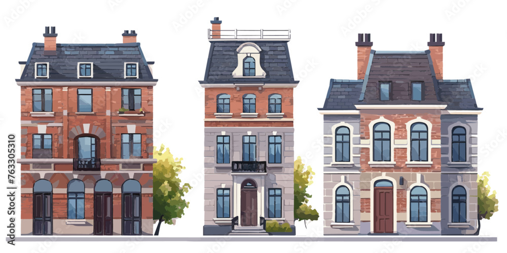 a row of classic French townhouse facades with elegant architectural details, rendered in a realistic style vector