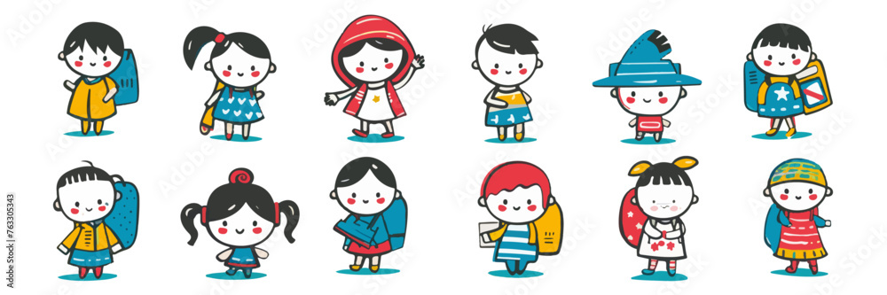 An adorable illustration showcasing a diverse group of happy children, each with a unique backpack, ready for a day at school.
An adorable illustration showcasing a diverse group of happy children, each with a unique backpack, ready for a day at school.