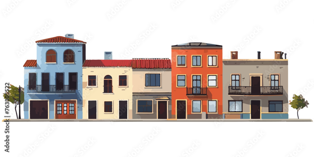 Mediterranean Style Colorful Townhouses A row of Mediterranean-style townhouses is beautifully depicted in this digital illustration, featuring warm, vibrant colors and intricate architectural detail
