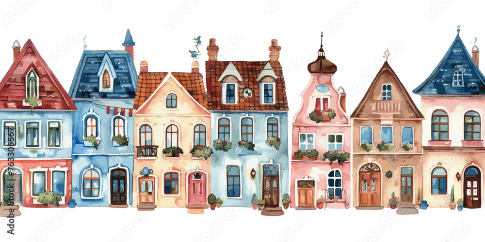 Colorful Row Houses Watercolor Illustration vector
