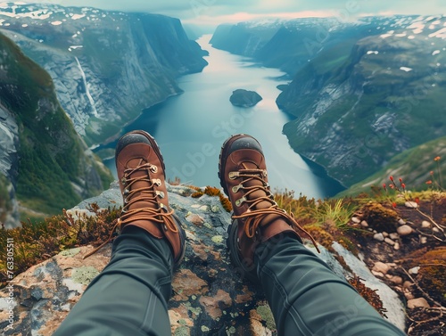 Hiker Resting at Summit, Feet Clad in Hiking Shoes, Amidst Adventure Nature Landscape Panorama